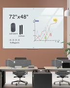 Magnetic Glass Whiteboard，72"x48" Wall Mounted Frameless Dry Erase Board for Office, Home & School White