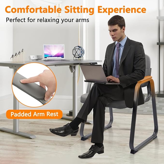 CLATINA Waiting Room Guest Chair with Bonded Leather Padded Arm Rest for Office Reception and Conference Desk Black with Sled Base Grey 8 Pack