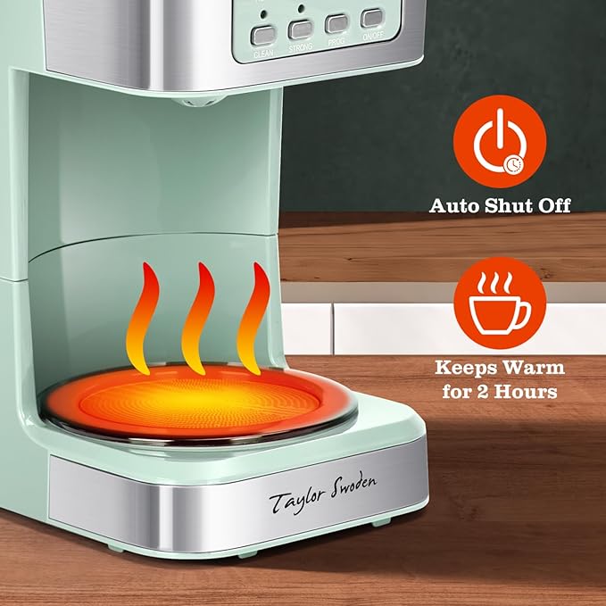 Taylor Swoden 12-Cup Programmable Coffee Maker, Regular & Strong Brew Drip Coffee Machine for Home and Office, Glass Carafe, Pause & Serve, Auto Shut Off, Green & Stainless Steel