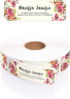 Vibrant Floral and Ivory Rolled Address Labels/Roll of 500 Personalized Address Labels/Designer Return Address Stickers in Elegant Plastic Dispenser