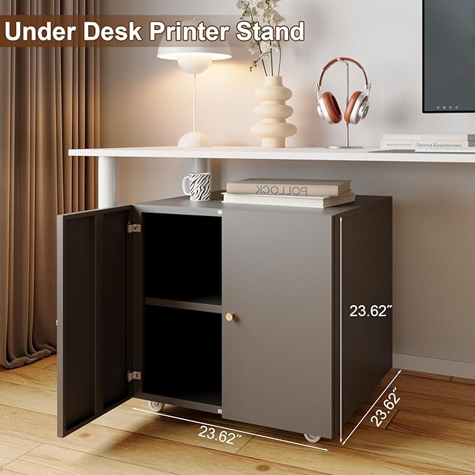 Printer Stand with Storage, 3D Heavy Duty Printer Table with Shelves, Large Printer Table for Home Office, Black Printer Stand on Wheels with Doors, Metal Fax Machine Stand for Workplace