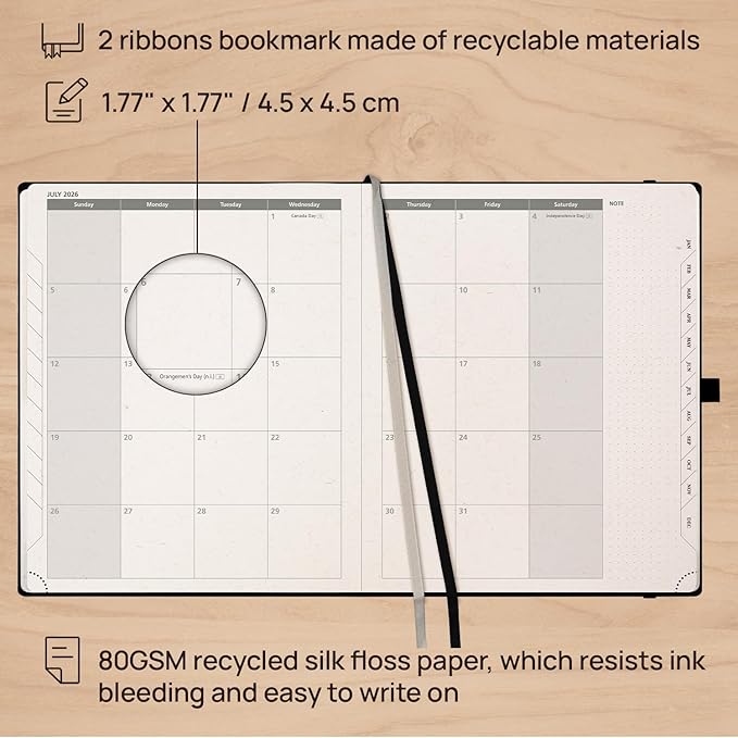 POPRUN 2026 Planner - 2026 Recycled Weekly Planner[8.5''x 10.5''- Italian Regenrated Leather Hard Cover] with Hourly Schedule & Vertical Weekly Layout, Monthly Tabs, Inner Pocket - Black Grey