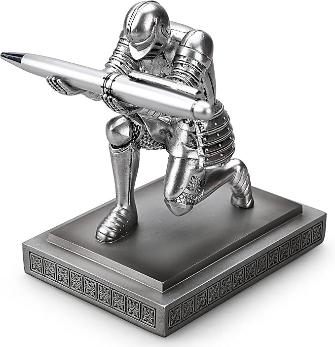 Knight Pen Holder Pen Stand Desk Organizers and Accessories Resin Pencil Holder as Gift with a Fancy Pen for Office and Home Desk Organizer (Silver)
