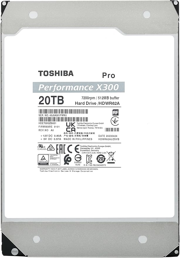 Toshiba X300 PRO 20TB High Workload Performance for Creative Professionals 3.5-Inch Internal Hard Drive – Up to 300 TB/Year Workload Rate CMR SATA 6 Gb/s 7200 RPM 512 MB Cache - HDWR62AXZSTB
