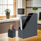 UnionBasic Magazine File Holder, Leatherette Desktop Document Organizer, Home Office Paper Holder File Storage Literature Sorter, Grey
