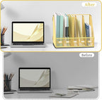 SUPEASY Desk Organizers Metal Desk Magazine File Holder with 5 Vertical Compartments Rack File Organizer for Office Desktop, Home Workspace, Gold