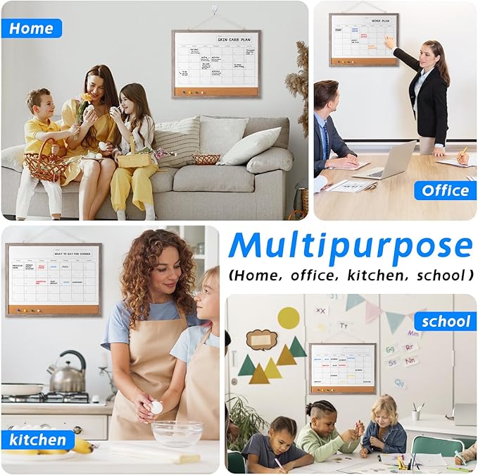 Dry Erase Calendar Whiteboard, 17" x 13" Magnetic Whiteboard Cork Board Combo, Reusable Monthly Planner with 8 Markers, Eraser, Magnets and Push Pins to Hang Dry Erase Board for Home, School - Gray