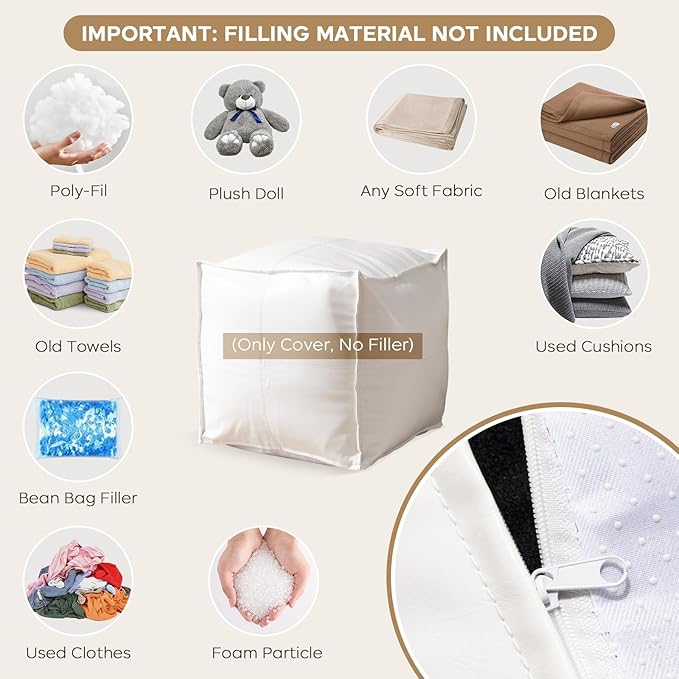 Unstuffed Pouf Ottoman Cover, 17.7x17.7 inch Faux Leather Moroccan Poofy Ottomans Cover, footrest Square White Footstool with Storage Waterproof Easy Cleaning for Living Room (Only Cover No Filler)