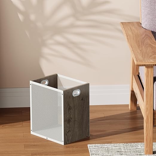 Office Trash Can, Rectangular Kitchen Garbage Can, Iron and Wood Combination Bathroom Trash Can, Modern Design Wastebasket Bin for Bathroom, Laundry Room, Kitchen, Kids' Room, Dorm(4.5 Gallon)