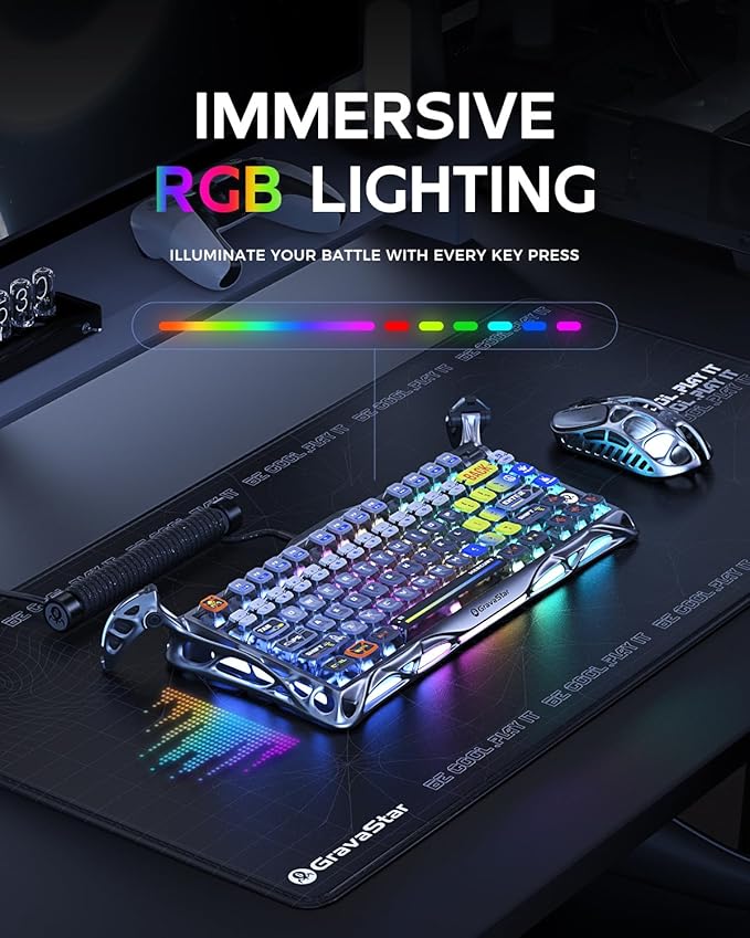 GravaStar Mercury K1 Pro Wireless Mechanical Gaming Keyboard, 75% Layout RGB Custom Keyboard, Hot-Swappable Linear Switches – Aluminum Alloy, Interstellar Silver Brushed Metal Look