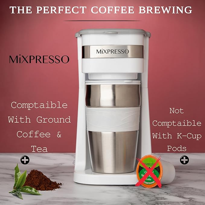 Mixpresso White Personal Single Serve Coffee Maker with 14oz Travel Mug, Drip Small Coffee Maker with Auto Shut Off, Reusable Filter, Works with Ground Coffee Only – Not for K-Cup Pods