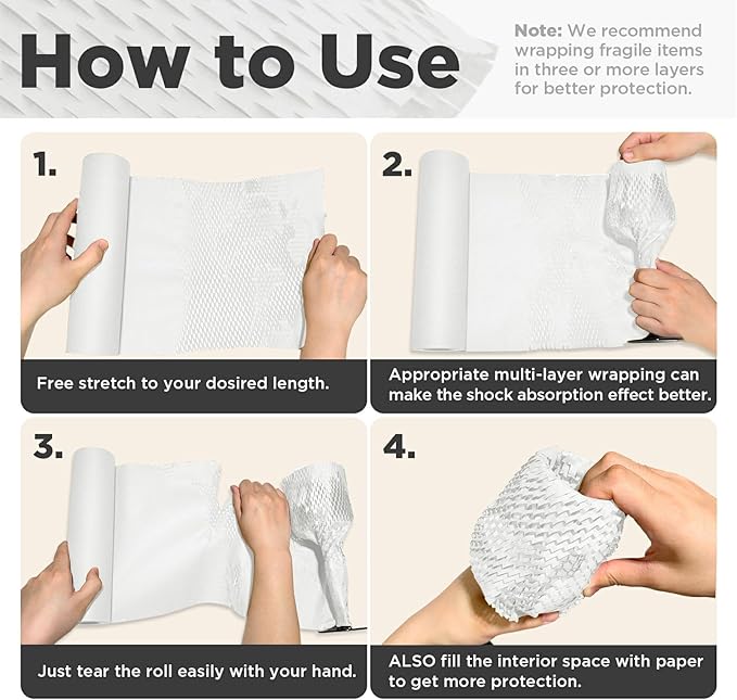 Honeycomb Packing Paper, 12"x300' White | Perforated Honeycomb Packing Paper Recyclable Moving Supplies for Shipping & Moving | Plastic-Free Alternative to Bubble Cushion Wrap with 36 Fragile Stickers