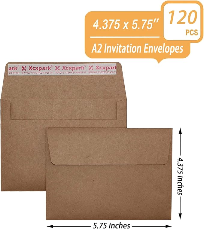 120 Qty Printable A2 Invitation Envelopes 4.375 x 5.75 Cards, Self Seal 120GSM Brown Paper Envelopes for Invitations, Papers, Photos, Documents, Wedding, Baby Shower, Easy to Seal and Peel