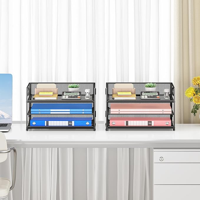 Subekyu 2-Pack 3-Tier Paper Letter Tray Organizer for Desk, Black Metal Mesh File Sorter Organizer with Handle and 1 PC Sliding Tray for Home Office School Desk Supplies Organization Storage