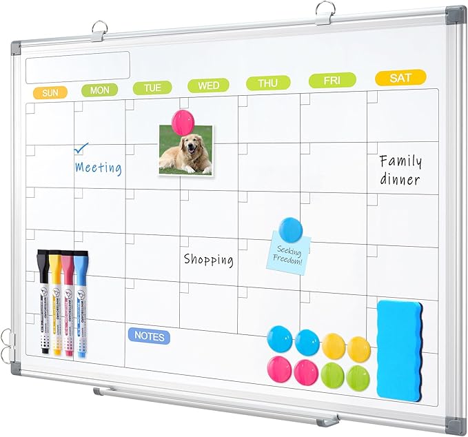 Dry Erase Calendar Whiteboard for Wall, WALGLASS 36" x 24" Magnetic White Board, Monthly Dry Erase Calendar with Silver Aluminum Frame, Double-Sided Hanging Portable Board for Office, Home, School