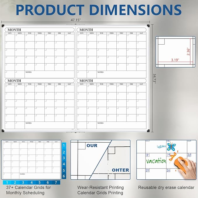 XBoard Magnetic Calendar Whiteboard 48x36 inch, 4 Month Foldable Dry Erase Board Planner, Silver Aluminium Framed White Board Calendar for Home School Office Organization