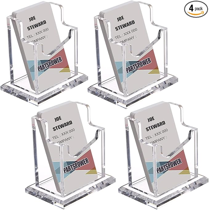 PARTSPOWER 4 Packs Acrylic Business Card Holders for Desk, Vertical Clear Business Name Card Display Stand, Desk Accessory Business Name Card Organizer (Vertical, 1-Slot)