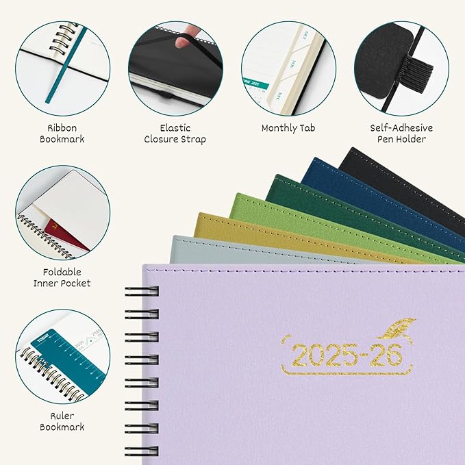 BEZEND Weekly Planner 2025-2026 with 2 Columns, 5.8" x 8.5" Academic Calendar 18 Months (Jul 25-Dec 26) Life Work Appointment Book with Monthly Tab, PU Leather Softcover Spiral - Fruit Green