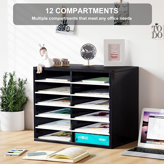 PAG Countertop Mail Sorter Organizer, Wooden Literature Organizer, Student Mailbox for Classroom, Desktop Bill Organizer for Office Home School, 12 Compartments, Black&White