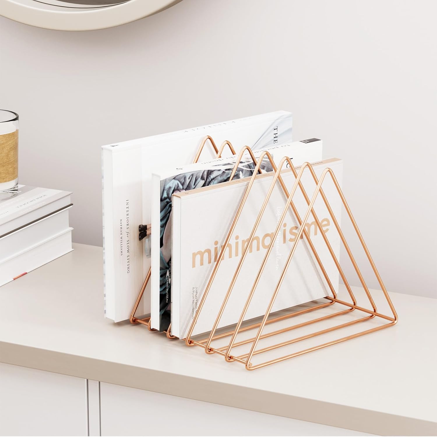 Urban Deco Triangle Desk Organizers Metal Wire Magazine Holder 7 Sections Decorative Vinyl Record Storage Office File Organizer For Desk - Rose Gold Magazine File Holder - 2 Pack
