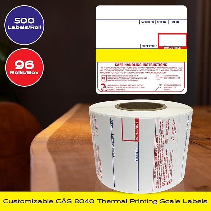 CEPRICO - Customizable CĀS Scale Labels - 96 Rolls of Thermal Printing Scale Labels – Compatible with CĀS LST-8040 | Safe Handling Instruction | Ideal for Supermarkets, Retailers and Grocery Stores