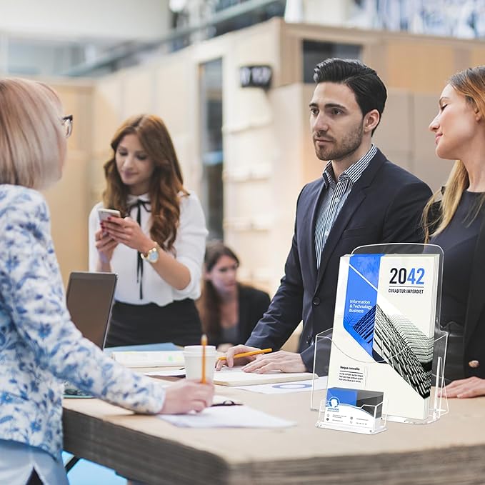 2 Pack Acrylic Brochure Holder 8.5 x 11 in with Business Card Holder, 1-Tier Brochure Display Stand with Removable Divider for 4 x 9 Inches Trifold Pamphlets, Clear Flyer Holde