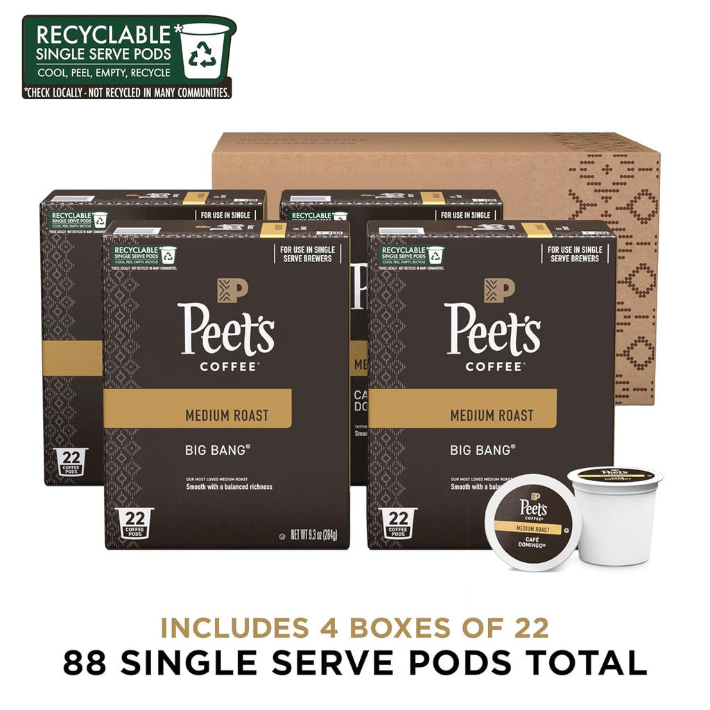 Peet's Coffee, Medium Roast Single Serve Coffee Pods - Big Bang 88 Count (4 Boxes of 22 Pods)