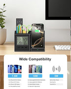 Multifunctional Pen Holder and Organizer for Desk with Wireless Charger, Digital Indoor Thermometer and Humidity Gauge, Home Office Organizers and Storage (Battery Included)
