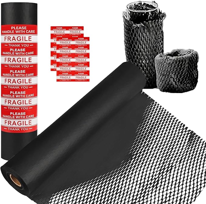 Honeycomb Packing Paper, 12" x 200' Packing Paper Substitute Alternative for Bubble Cushioning Wrap for Moving Shipping Packaging, Recyclable Moving Supplies Bubble Packing Wrap Roll-Black