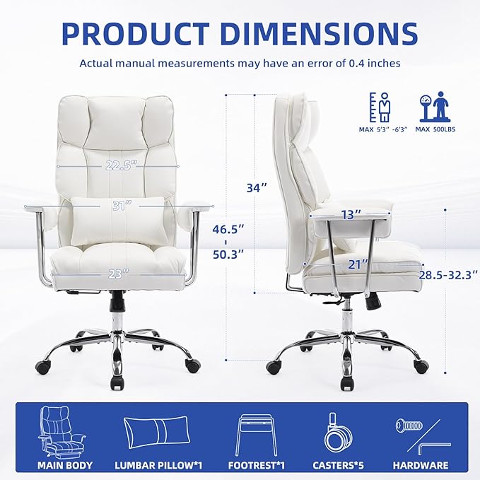Big and Tall Office Chair 500lbs Wide Seat Executive Office Desk Chair High-Back Office Task Chair with,Ergonomic Lumbar Support Computer Office Chairs for Heavy People(White)