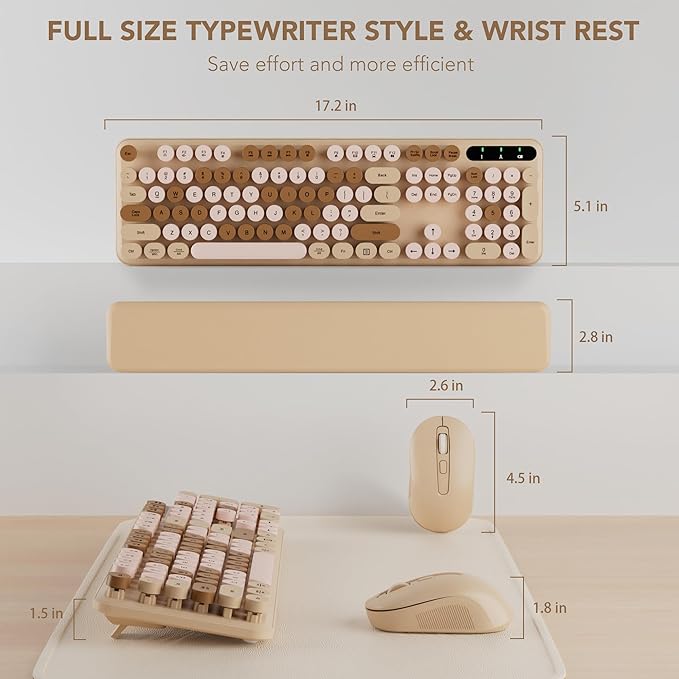 Wireless Keyboard and Mouse Combo, Round Keycaps, Full-Size Retro Typewriter Keyboard with Detachable Wrist Rest, Sleep Mode & Tilt Legs, 2.4GHz Cordless Connection for Mac/Windows/PC (Latte)