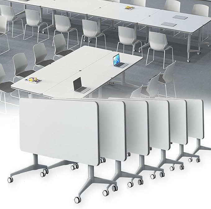 Conference Table Folding Conference Table, Modern Conference Room Table White Meeting Table Flip Top Large Mobile Training Tables, Mobile Training Seminar Tables for Office Classroom (6pack 55.1in)