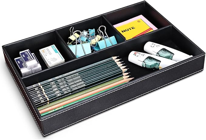 KINGFOM Pu Leather Desk Organizer Tray, 4 Compartment Office Storage Supplies Stationery Drawer Tray, Nightstand Bedside Tray for Key, Wallet, Sunglass, Watch, Coin, Phone Valet Tray Stackable Black