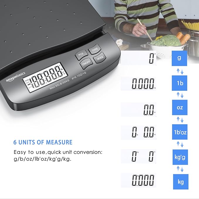 Amazon Basics Digital Postal Scale, AC Adapter, 65 lb Capacity, 0.1 oz Readability, Black