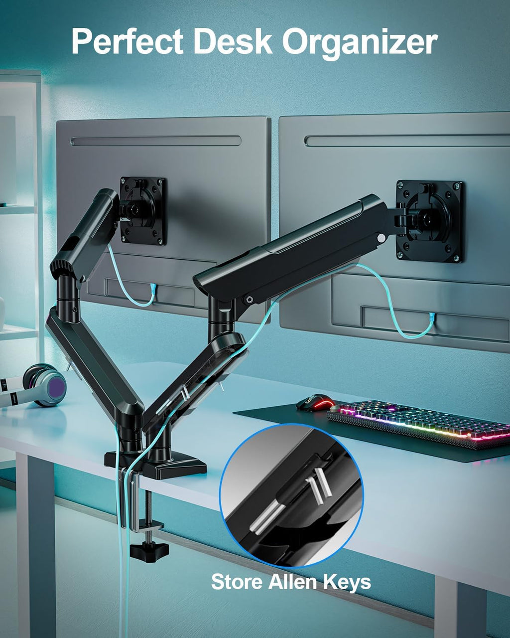 Dual Monitor Desk Mount, 13-32 inch Adjustable Gas Spring Monitor Arm, Computer Display Stand Holder with Clamp and Grommet Base, Fits 4.4 to 22lbs Screens, VESA Mount Bracket, Black, Freelift Pro