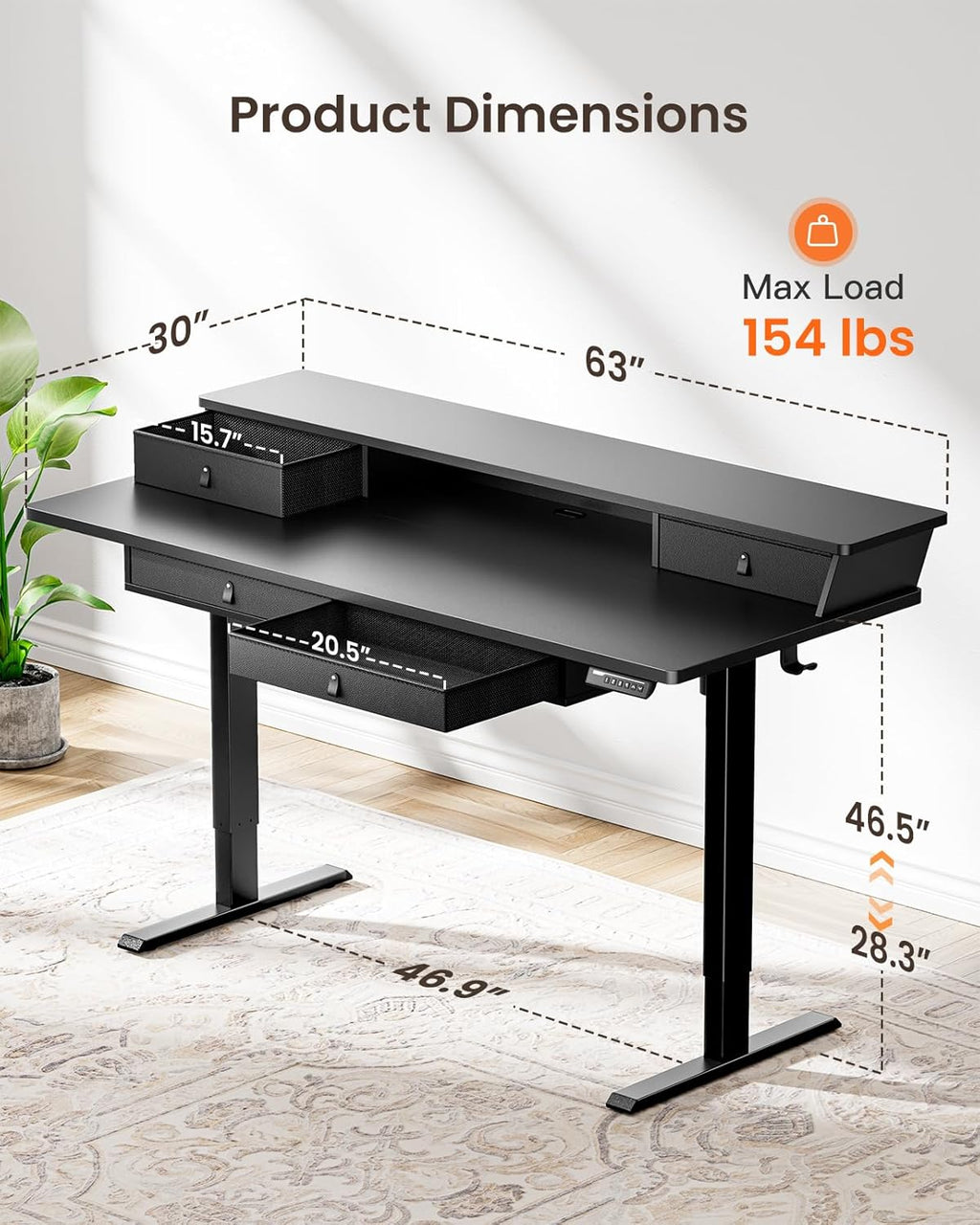 ErGear Electric Standing Desk with 4 Drawers, 63" x 30" Height Adjustable Desk with Storage, C-Clamp Mount Compatible, Computer Home Office Table with Cable Management Tray, Black