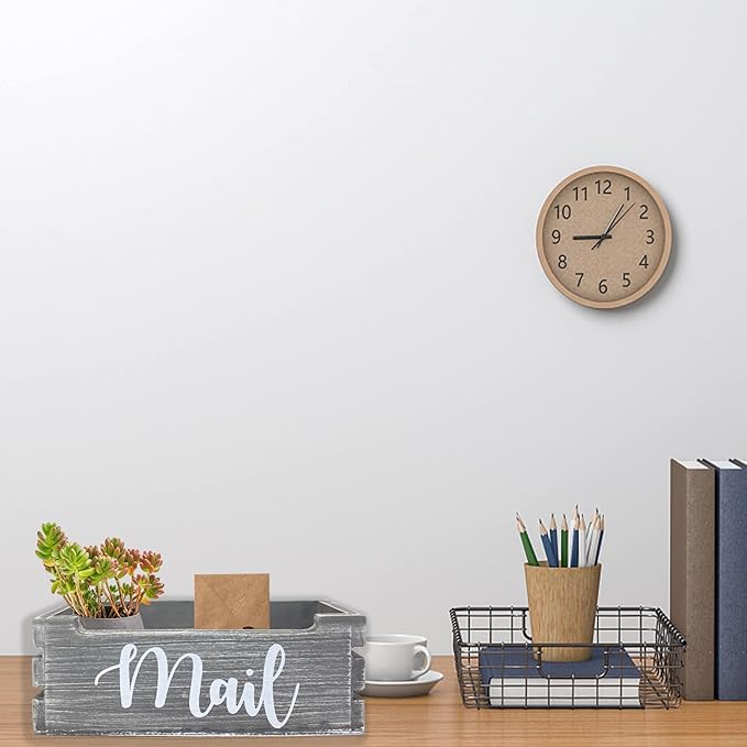 Mail Organizer Mail Holder Countertop, Wood Mail Basket for Wall Table Desk, Envelope Bill Holder for Home Office Decor (Grey)