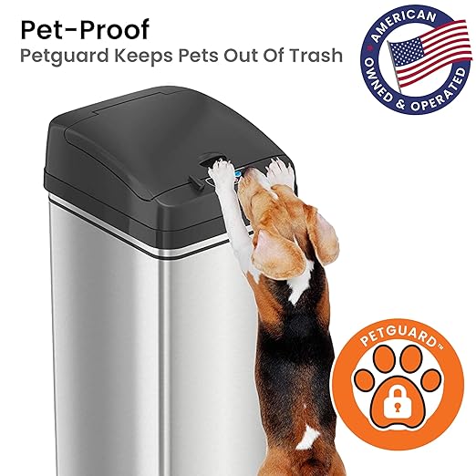 iTouchless 13 Gallon Dog Proof Trash Can with Odor Filter, Motion Sensor Stainless Steel Kitchen Trashcan Garbage Bin for Home Office Work Bedroom Living Room Garage Large Capacity Slim Wastebasket
