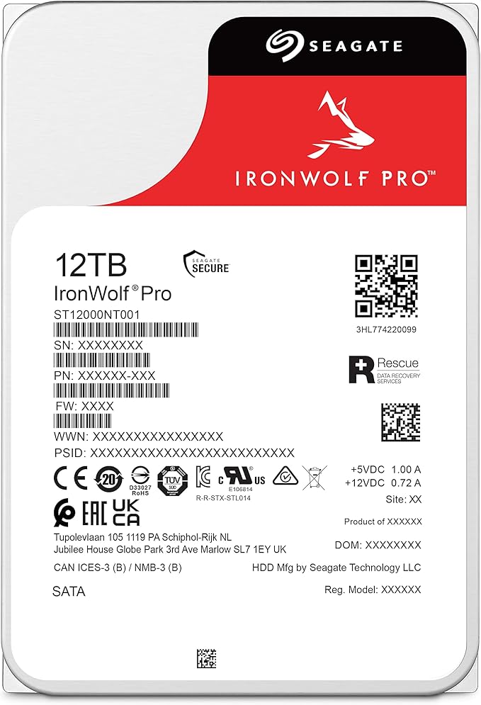 Seagate IronWolf Pro, 12 TB, Enterprise NAS Internal HDD –CMR 3.5 Inch, SATA 6 Gb/s, 7,200 RPM, 256 MB Cache for RAID Network Attached Storage (ST12000NT001)
