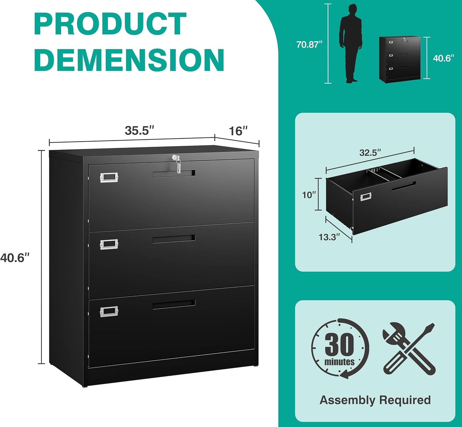 SISESOL 3 Drawer Lateral File Cabinet with Lock,Black Lateral Filing Cabinet,Horizontal Metal Filing Cabinets,Locked Wide Three Drawer File Cabinets for Office Home,Fit A4/F4/Letter/Legal File