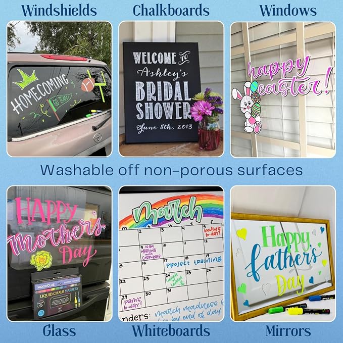 Liquid Chalk Drawing Markers for Car Windows, Auto Windshields, Mirrors, White Boards, Retail + Restaurant Signs. Erasable Chalk Markers – Washable – Bold - Neon 8pck. 10mm tip - 3 writing options.