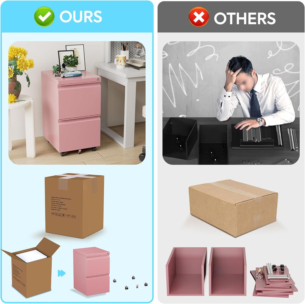 METAN 2 Drawer Vertical File Cabinet with Lock, Mobile Metal Filing Cabinet for Legal/Letter Size, Office Storage File Cabinet Under Desk, Fully Assembled Except Wheels,Pink