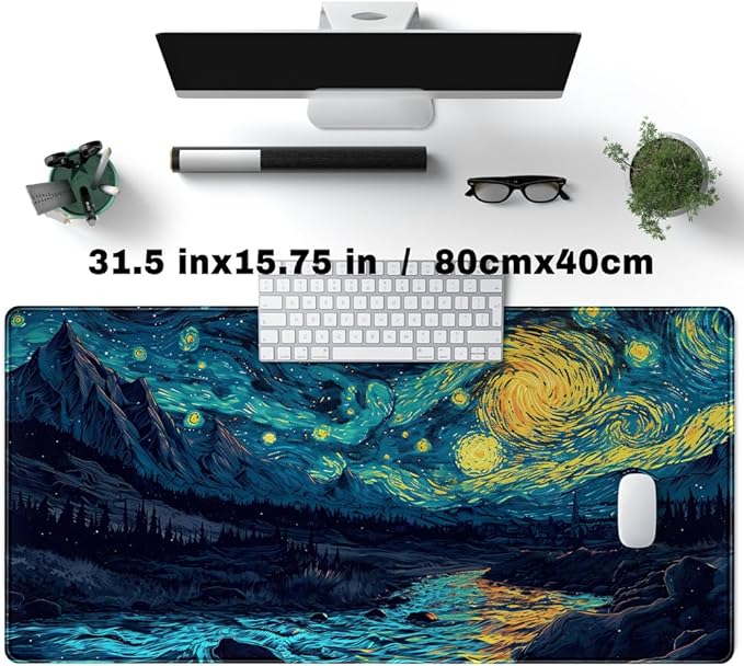 Misty Forest Desk Pad Mat Vincent Van Gogh XL Mouse Pad Gaming Playmat Large Mousepad XXL Desk Laptop Pad Equipped with Waterproof Storage Bag Non-Slip Stitched Edges (31.5x15.7 in)