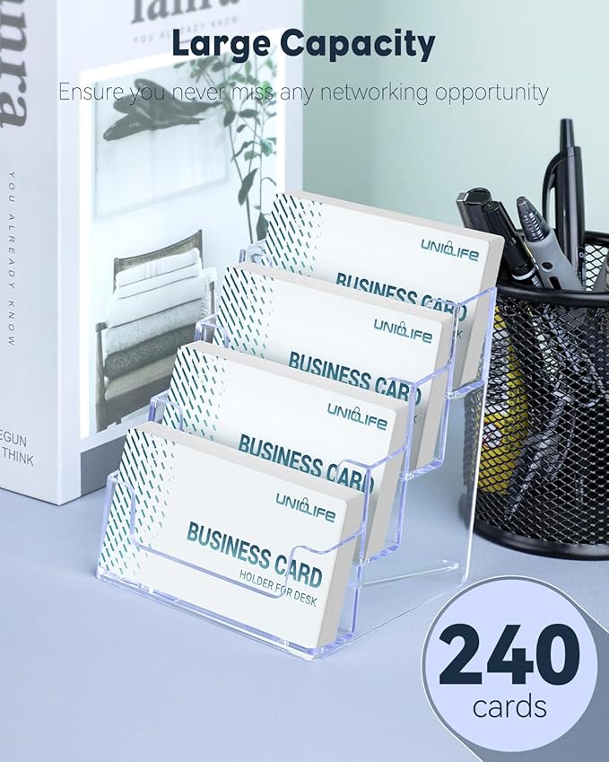 Uniclife Acrylic Business Card Holder for Desk 4 Slots Clear Business Card Display Stand for Men & Women Desktop Business Card Organizer Card Stand for Office Home Exhibition, 240 Card Capacity