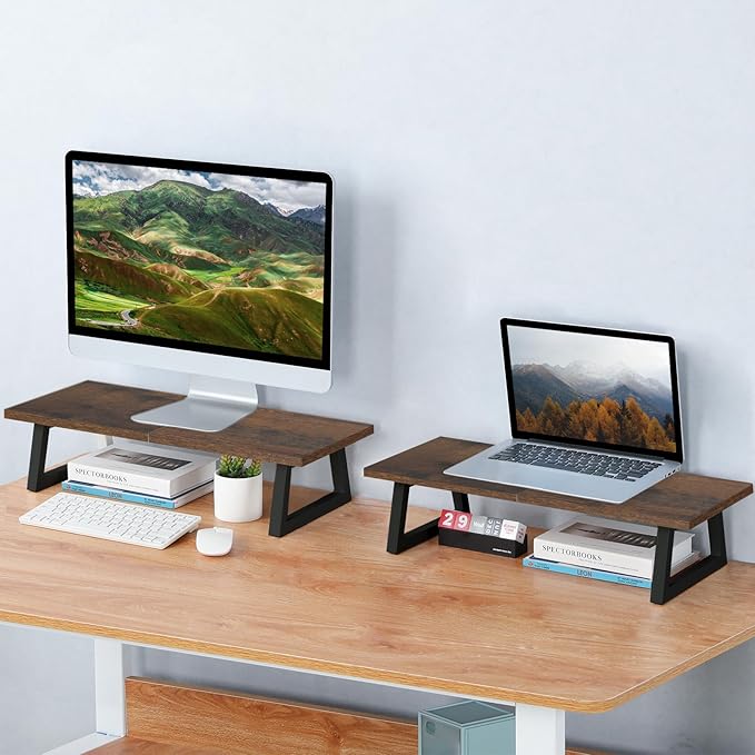 TEAMIX 24 inch Monitor Stand Riser, Rustic Brown Wood & Steel Computer Monitor Stand with Storage, Laptop, PC, Printer Stand Riser for Desktop Office Desk Organizers