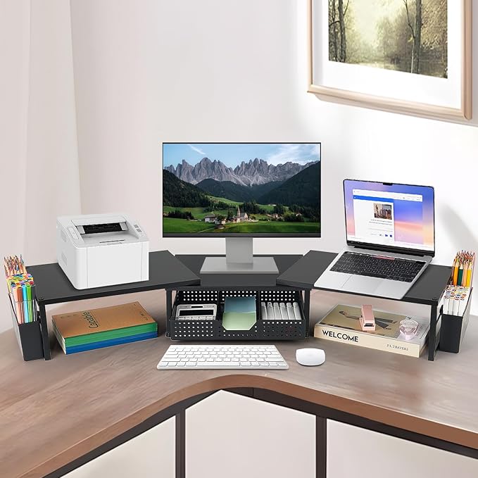 Desk Dual Monitor Stand Riser - Desk Organizer with Drawer and Pen Holders, Office Desk Accessories & Workspace Organization, Computer Monitor Stand for Laptop, Printer, TV(BLACK)