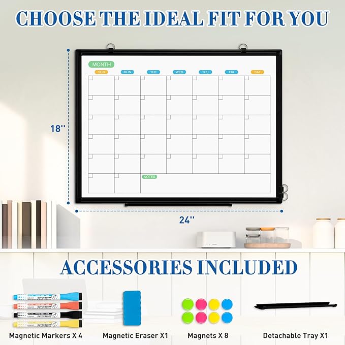 WALGLASS Dry Erase Calendar Whiteboard for Wall, 24" x 18" Double-Sided Monthly Calendar White Board with Black Aluminum Frame, Hanging or Wall Mount Dry Erase Whiteboard for Home, Office, School