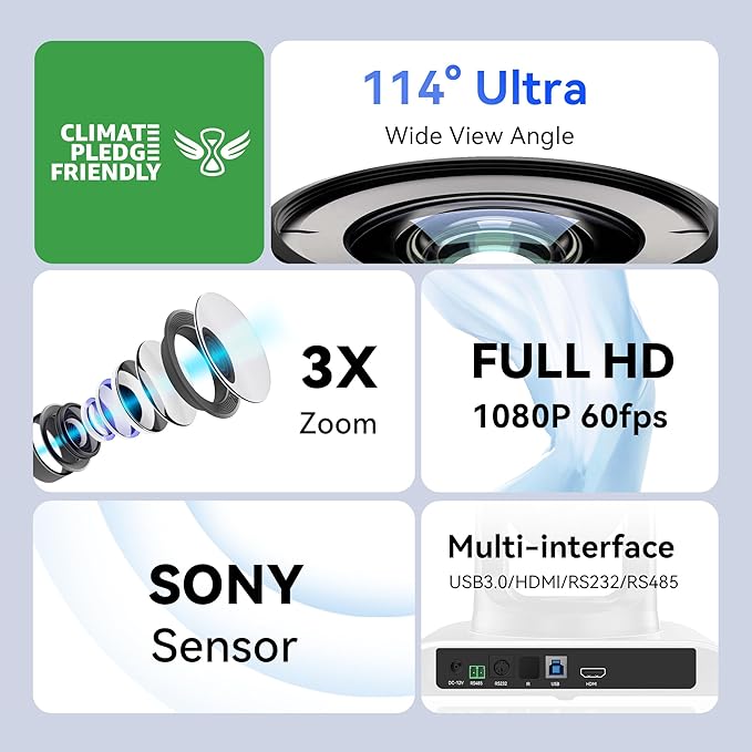 Tenveo PTZ Conference Camera 3X Optical Zoom FHD 1080P 60FPS, 114° Wide View Angel USB3.0/HDMI/RS485/RS232 PTZ Camera for Video Conferencing Church Services Online Education Zoom OBS Teams