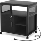 Unikito Lateral File Cabinet, Locking Office Filing Cabinets with Socket and USB Charging Port, Modern Rolling Printer Stand with Storage for A4, Letter Size and File Folders, Black