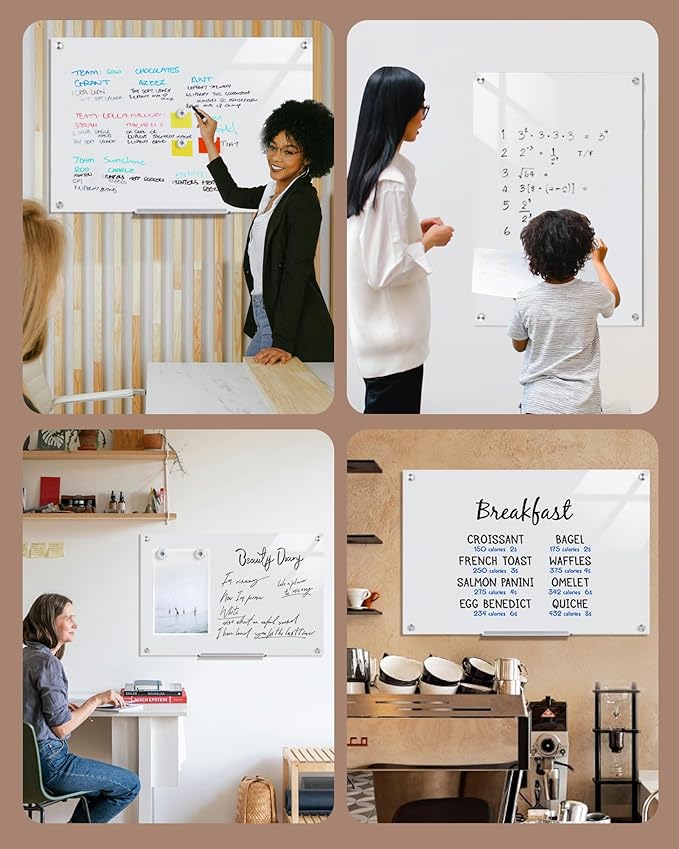 Magnetic Glass Whiteboard，36"x24" Wall Mounted Frameless Dry Erase Board for Office, Home & School Ultra White